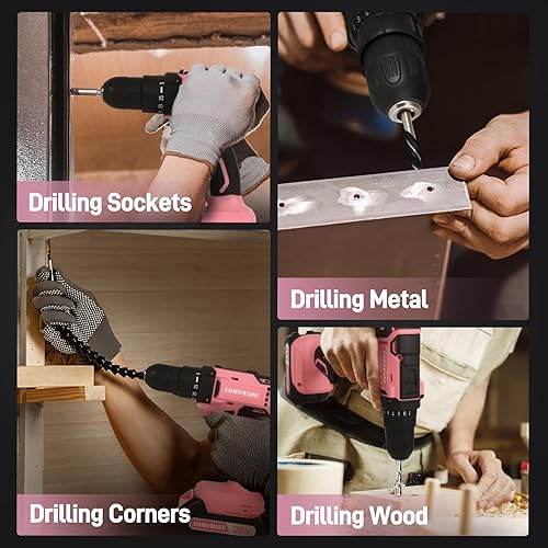 Miniatura 8 de COMOWARE Juego de taladro inalámbrico, taladro eléctrico de 20 V, juego de taladro rosa para mujer, 1 batería y cargador, portabrocas sin llave de