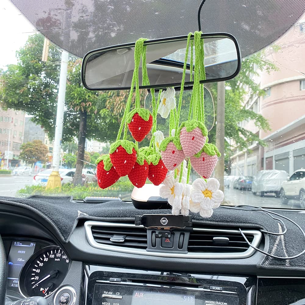 Crochet Fraise Rétroviseur Accessoires Ornement Fleur Suspendu Accessoires Intérieur Mignon Pour Femme Décoration Voiture / Sac Charms