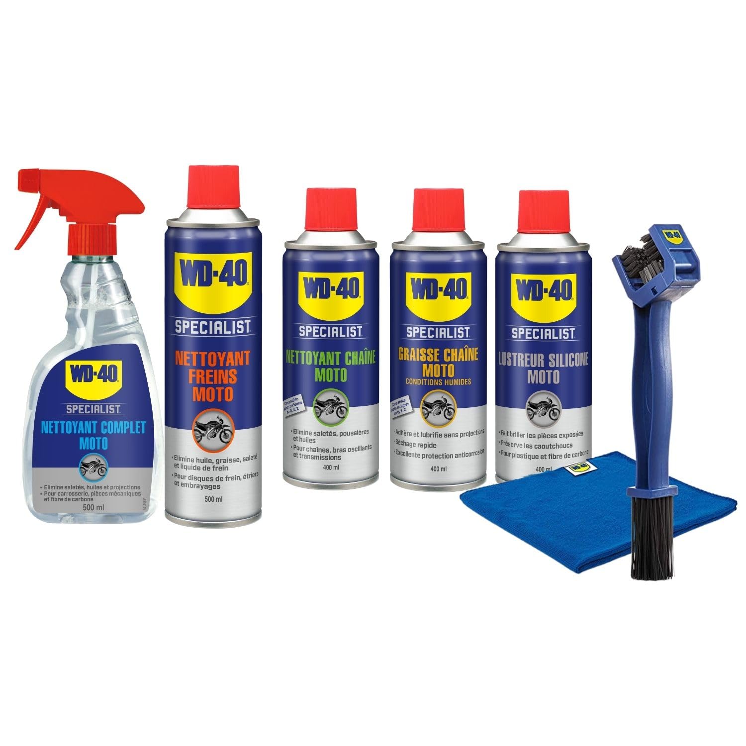 WD-40 SPECIALIST Kit d'entretien Moto Complet - Pack de 5 produits + outils | Kit des essentiels de l'entretien moto - Nettoyer, lubrifier et faire briller la moto - Brosse et chiffon inclus