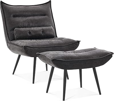 MCombo Wingback Accent Chair with Ottoman, Modern Bronzing Fabric Upholstered Club Chair for Small Space, Living Room 4400 Dark Grey
