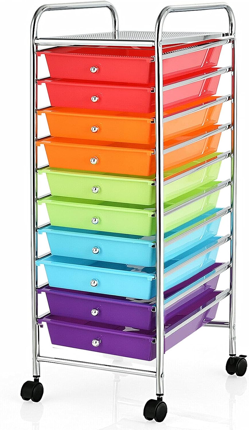 Happygrill 10-Drawer Storage Cart, Utility Cart with Removable Drawers & Metal Frame, Rolling Storage Cart with Lockable Wheels for Home, Office, Multicolor