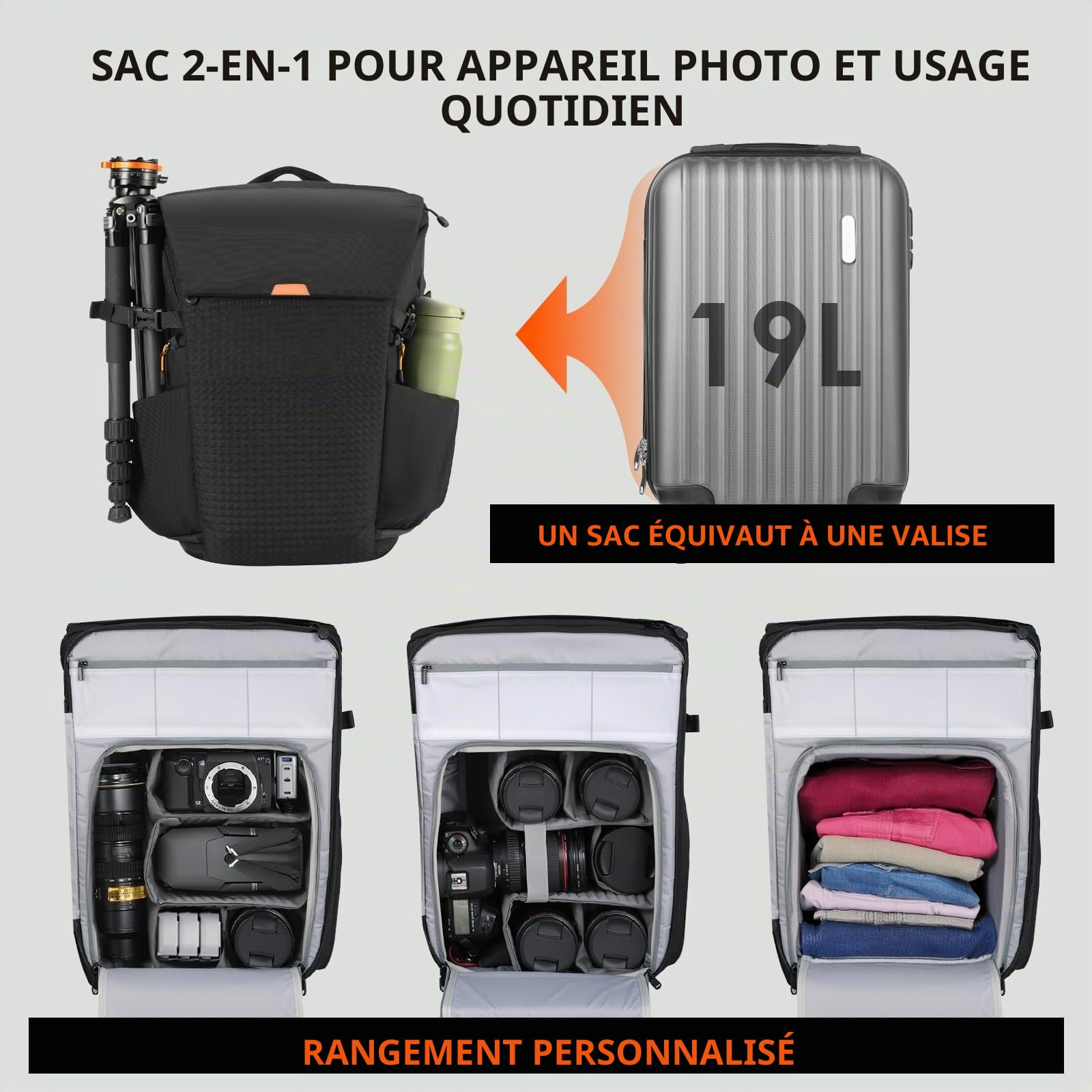 TARION Sac à Dos Photo Professionnel - Compartiment 16'' pour PC + Ouvertures Latérale/Arrière Rapides, Housse Imperméable et Ceinture Amovible - Pour Appareils DSLR Thorner