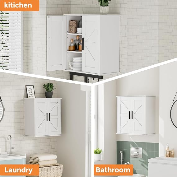 Homleke Bathroom Wall Cabinet, Over Toilet Storage Cabinet with Barn Doors and Adjustable Shelves, 3-Tier Medicine Cabinet Wall Mounted, for Bathroom, Kitchen, Entryway, Laundry Room, White, (11.8 D)