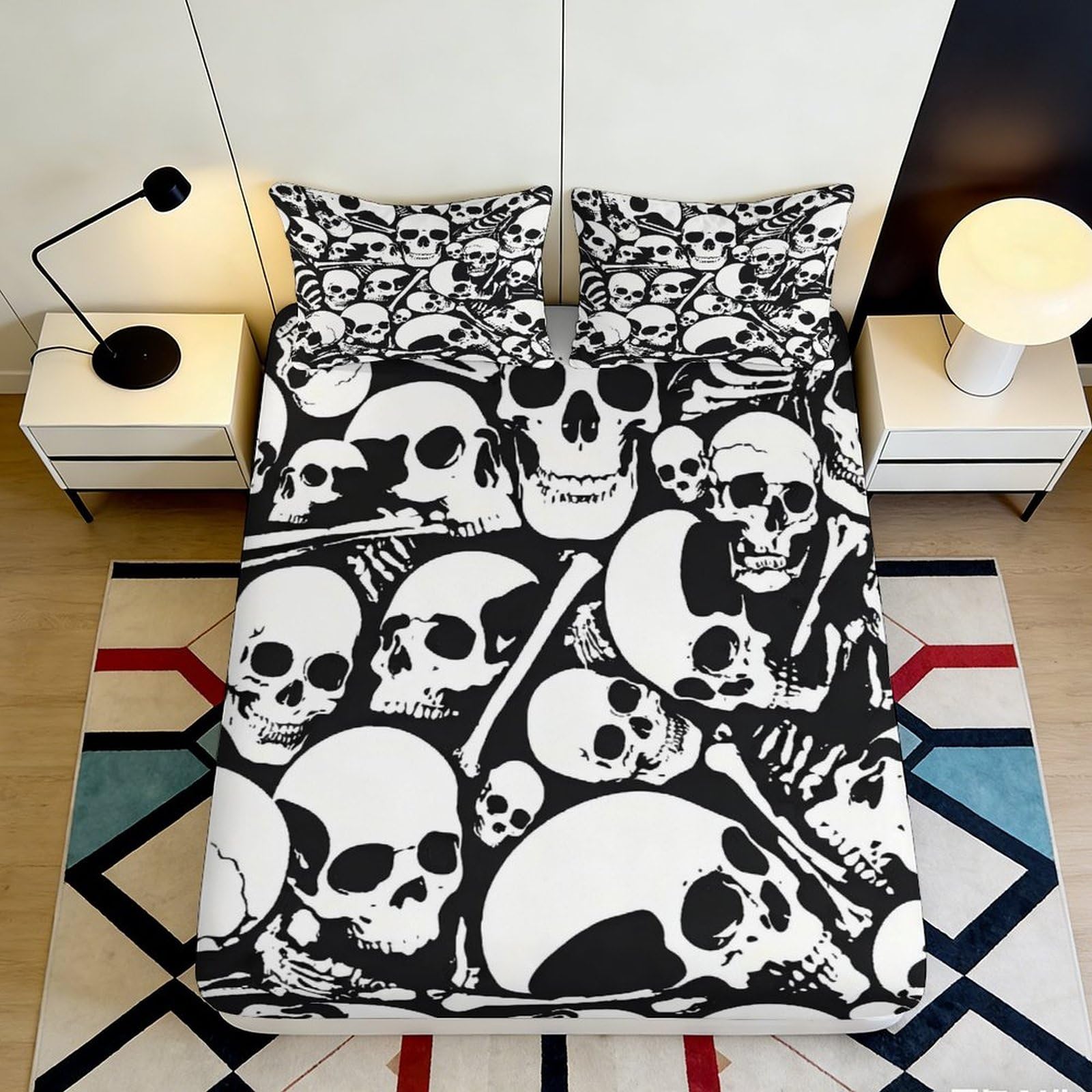 3D Printed Skull Pattern Fitted Sheet Microfiber Black White Skeleton Bed Cover for Bedroom Dorm Mattress Decor 90x200x25cm