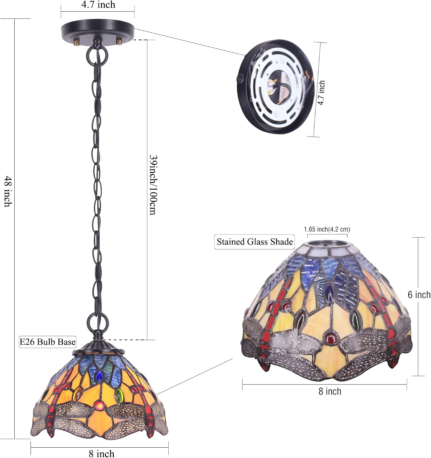 Small Tiffany Pendant Light 8 inch Tiffany Style Stained Glass Pendant Hanging Lamp Small Vintage Hanging Light Fixtures for Home Living Room Restaurant Hallway (Yellow Dragonfly Style)