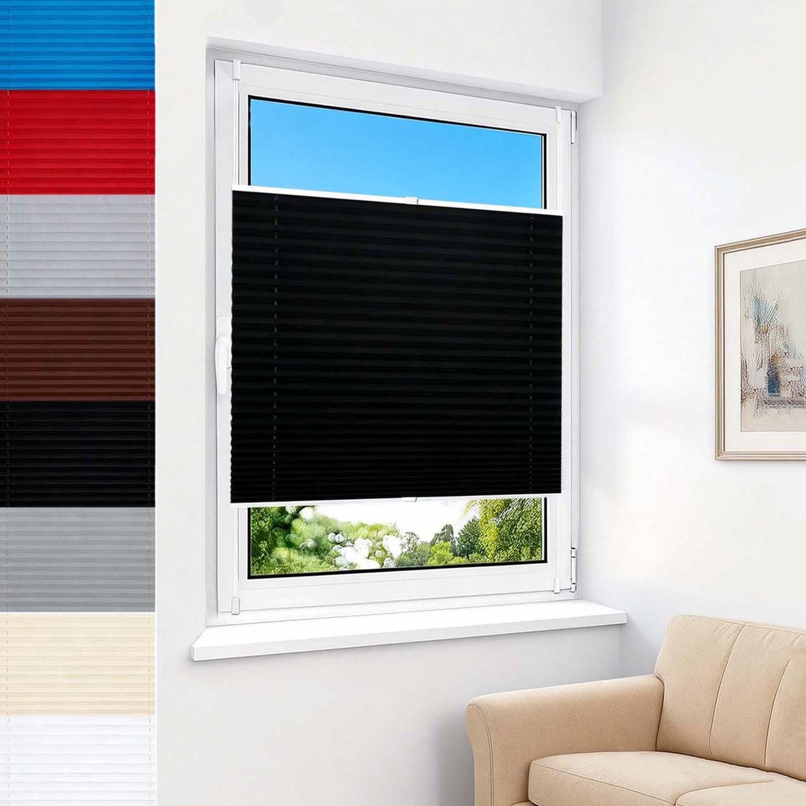 Plissee Ohne Bohren 52 x 75 cm Ohne Bohren, Sichtschutz, Sonnenschutz, Pflegeleicht Wabenplissee Verdunkelung Thermo Nach Maß für Fenster, Balkontür, Schwarz