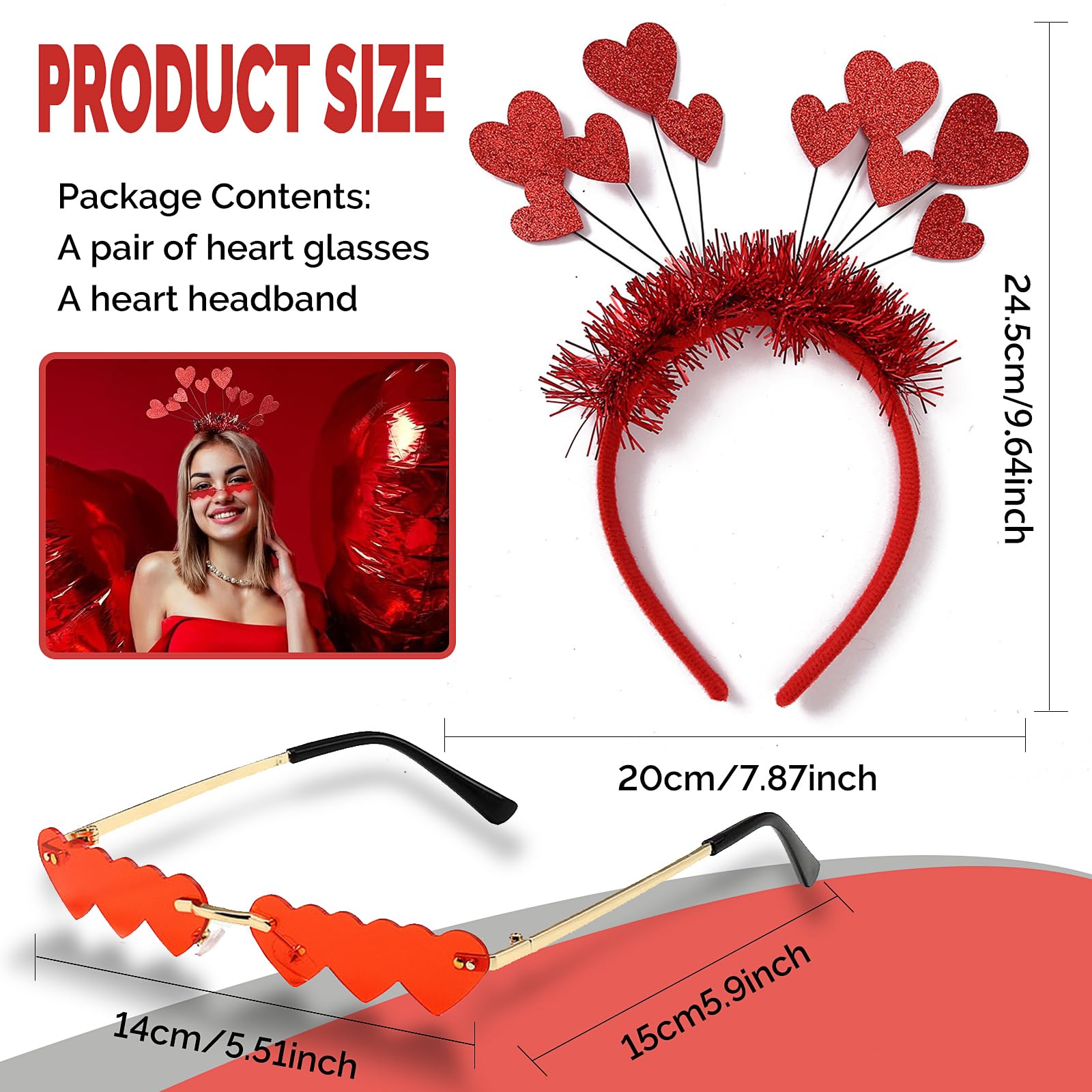 HXUING Heart Headband Glitter with Heart Shape Glasses, Heart-Shaped Headband, Heart Headband, Red Sequins, Heart Headband - Image 2