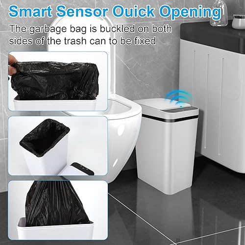 Miniatura 6 de Paquete de 2 basureros de baño, cubo de basura inteligente sin contacto, cubo de basura automático con sensor de movimiento con tapa, cubo de basura