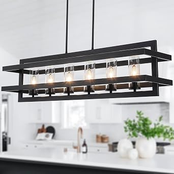 41" Black Pendant Lights Kitchen Island, Dining Room Light Fixtures 6-Light Rectangle Glass Shade Kitchen Island Lighting, Large Chandeliers for Dining Room with Adjustable Height