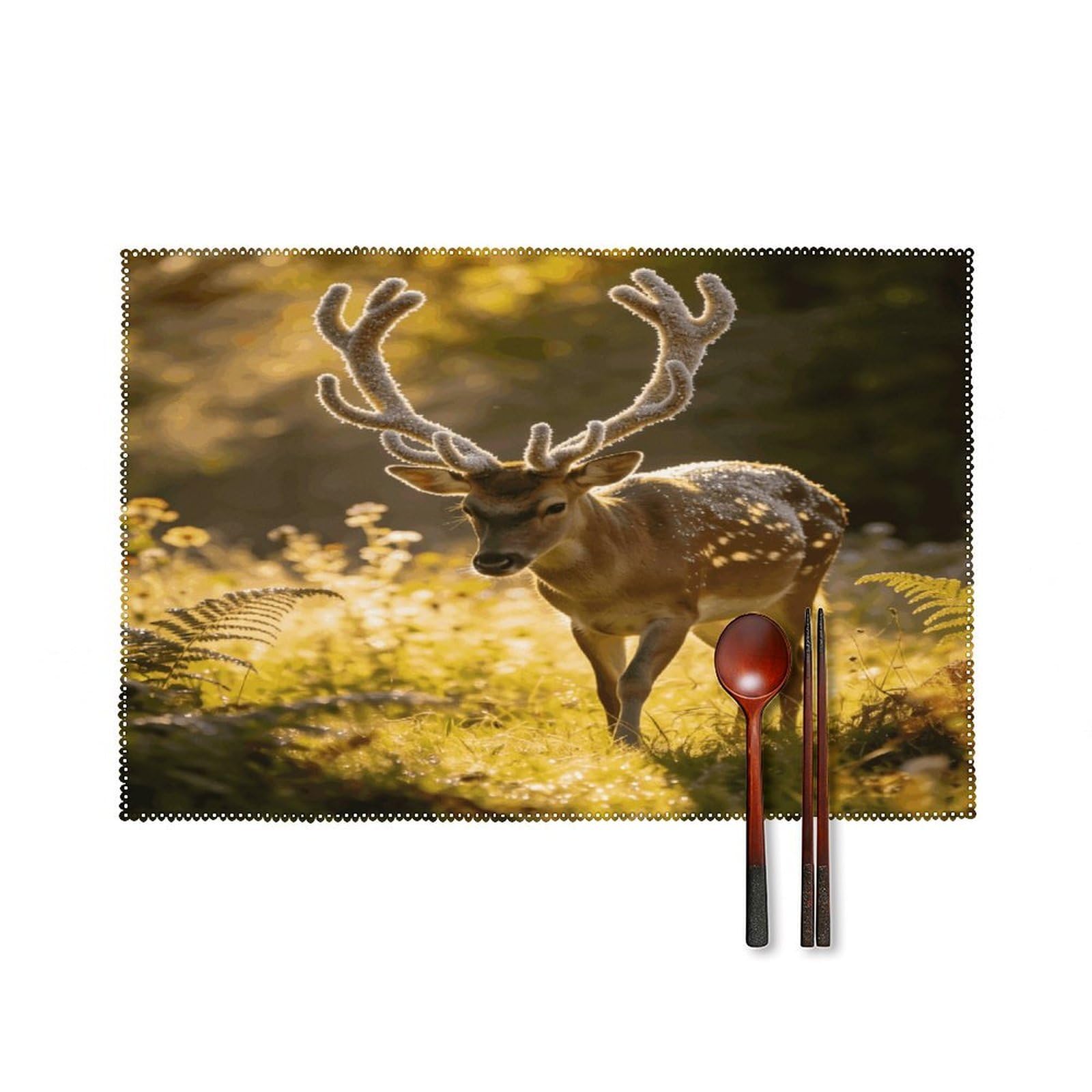Khauerbc Style Graceful Deer With Antlers In Nature Placemats Set Of 6,Decorating The Dining Table，Canvas Washable Table Mats，Wipe Clean Anti Slip Dining Table Place Mats For Party Kitchen Dining Decoration