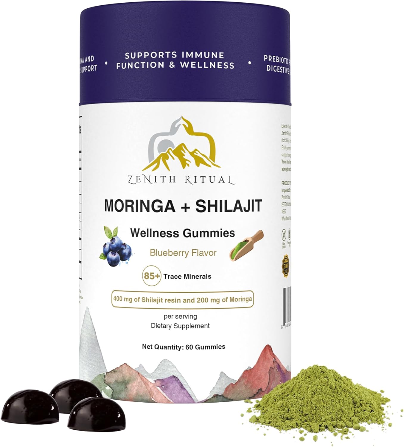 Shilajit Gummies with Moringa – Blueberry Flavor – 75% Fulvic Acid – Vegan, Gluten-Free, No Added Sugar – 60 Gummies