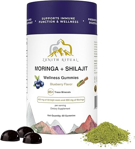 Shilajit and Moringa Gummies Sabor Arándano  Aumenta la energía, la concentración y la vitalidad  75% ácido fúlvico  100% vegano, sin gluten, sin