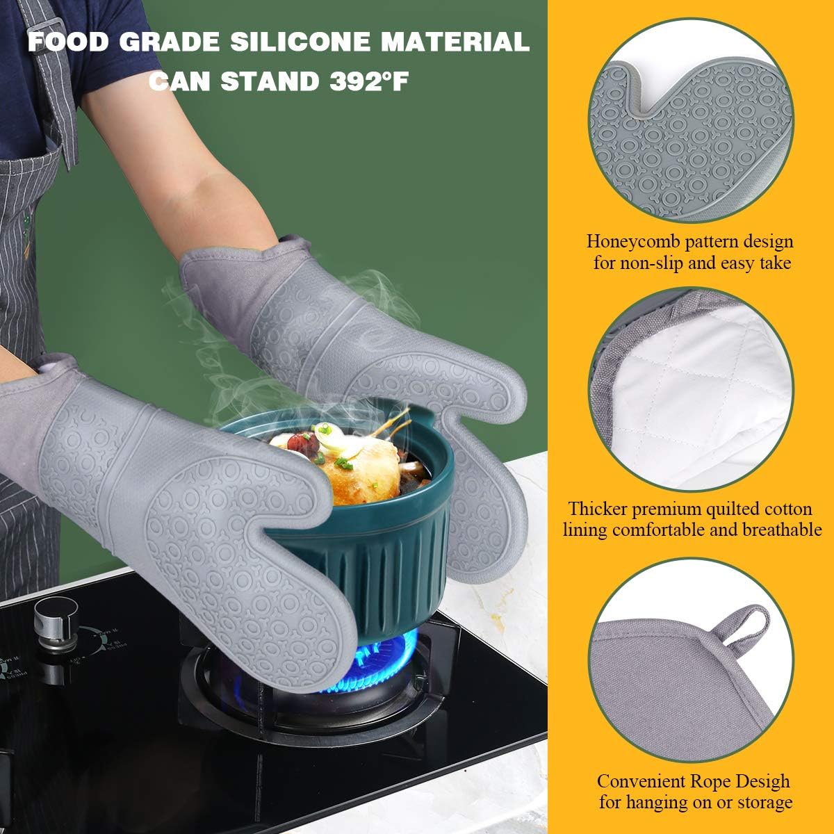 Kaqinu Silicone Oven Mitts Baking Set,Extra Long 7Pcs Quilted Liner Heat Resistant Non-Slip Gloves with Mini Oven Gloves and Hot Pads Potholders & Tongs for Kitchen Cooking