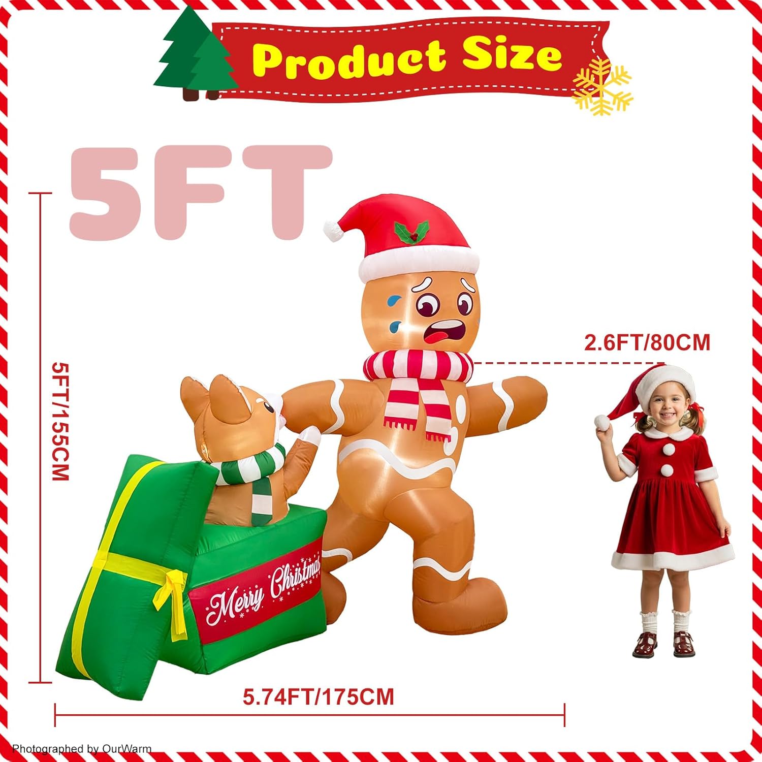 OurWarm 5 FT Christmas Inflatable Outdoor Decoration, Dog Biting Gingerbread Inflatable with LED Lights, Funny Christmas Blow up Yard Decorations for Indoor Outside Lawn Garden Party - Image 3