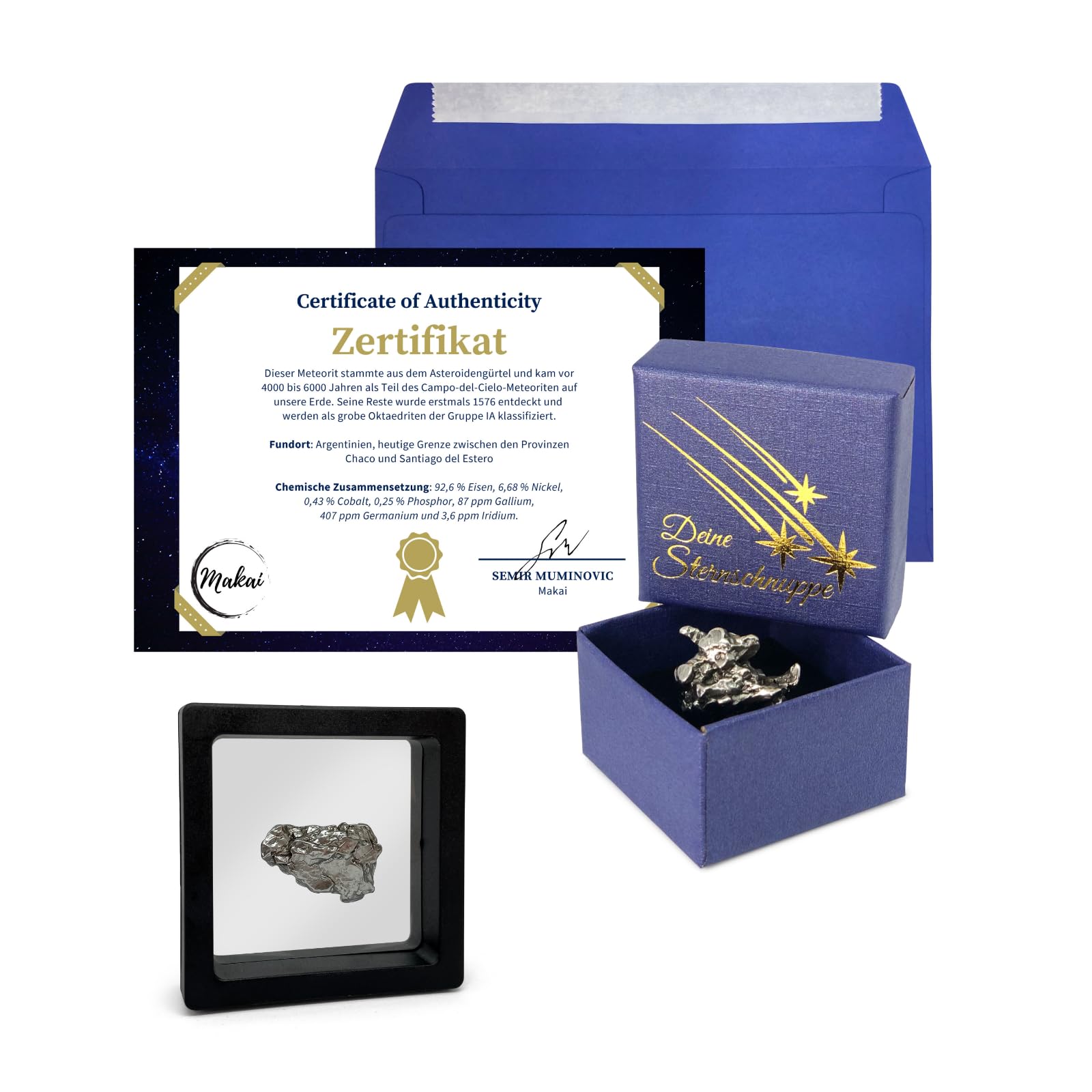 Makai echter Meteorit Sternschnuppe Campo-del-Cielo-Meteorit mit Echtheits-Zertifikat & Aufbewahrungsbox (mit extra Schweberahmen)
