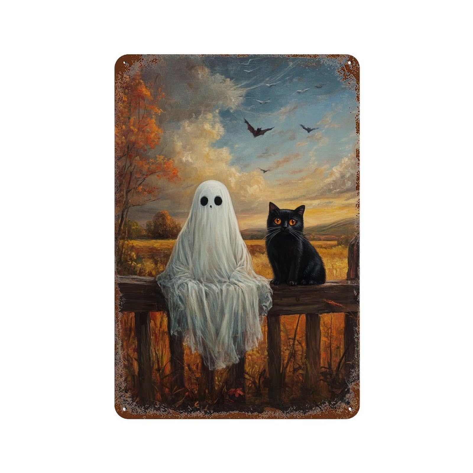 Weathered Tin Sign Ghostly Black Cat Fence 11.8"x7.9", Rustic Home Decor for Bistro, Counter And Cafe Decor
