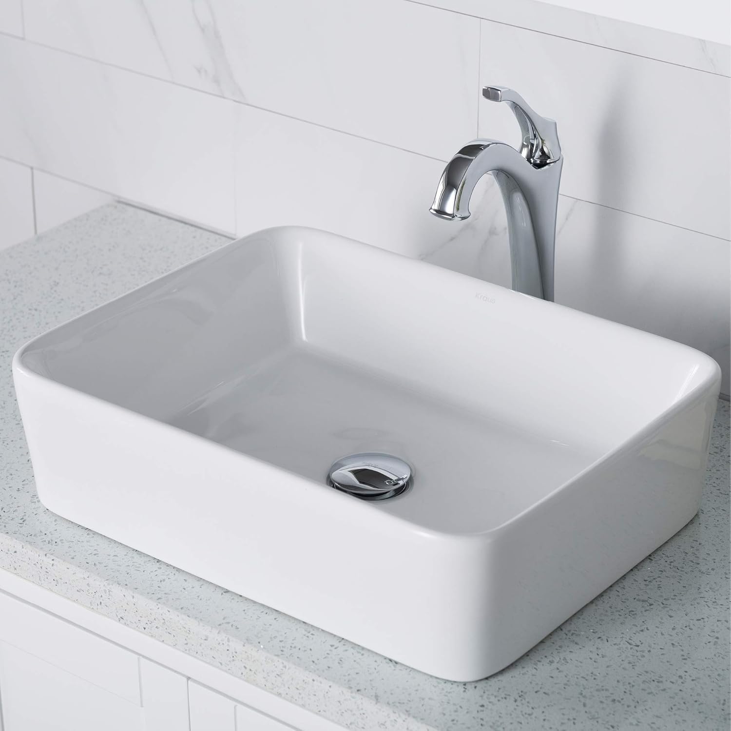 KRAUS Elavo 19-inch Modern Rectangular White Porcelain Ceramic Bathroom Vessel Sink and Arlo Faucet Combo Set with Pop-Up Drain, Chrome C-KCV-121-1200CH