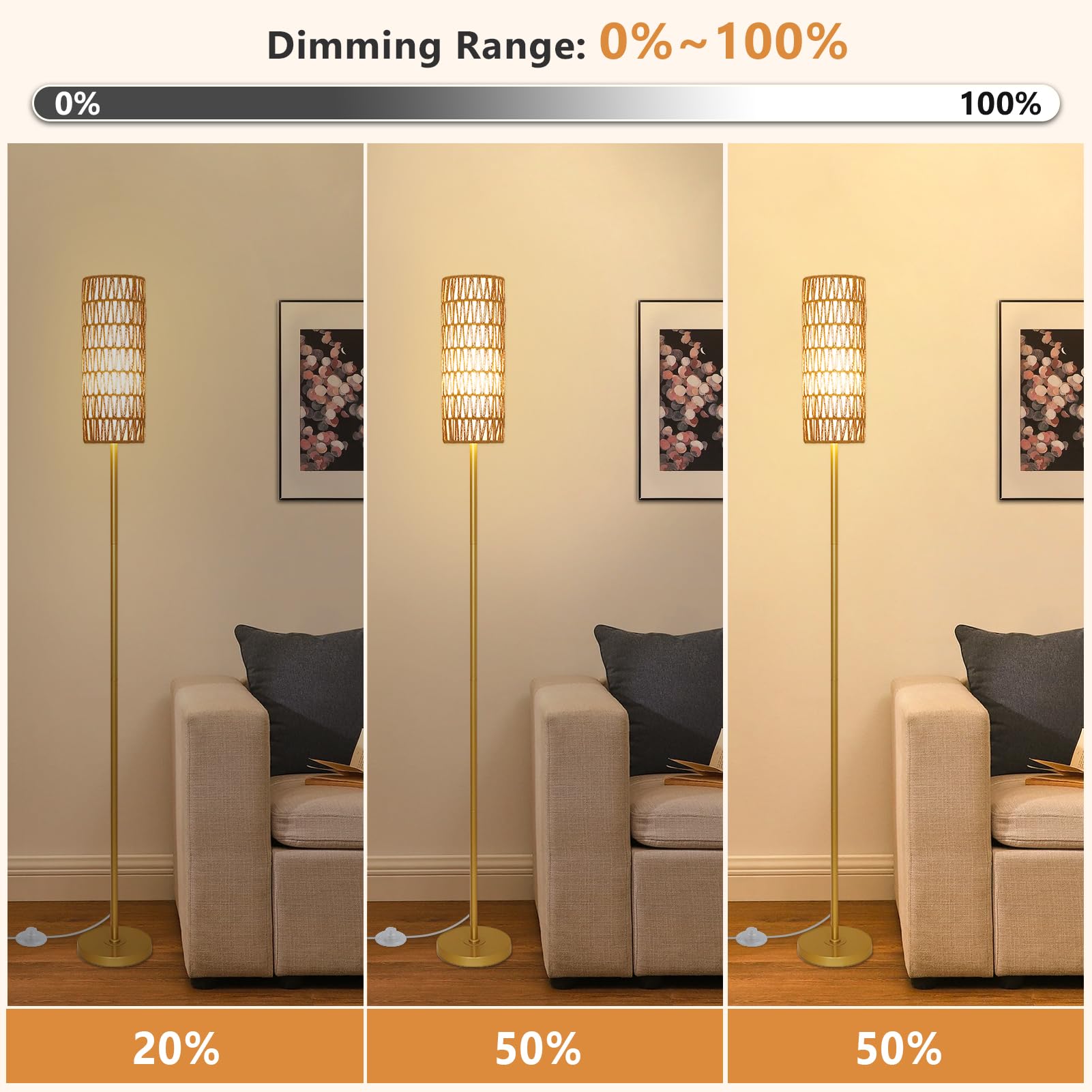Rayofly Doré Lampadaire Réglable et Télécommandé, Contrôle par App, en Rotin avec Abat-jour en Rotin & Lin, Moderne pour Salon, Chambre, Bureau (Ampoule Incluse)