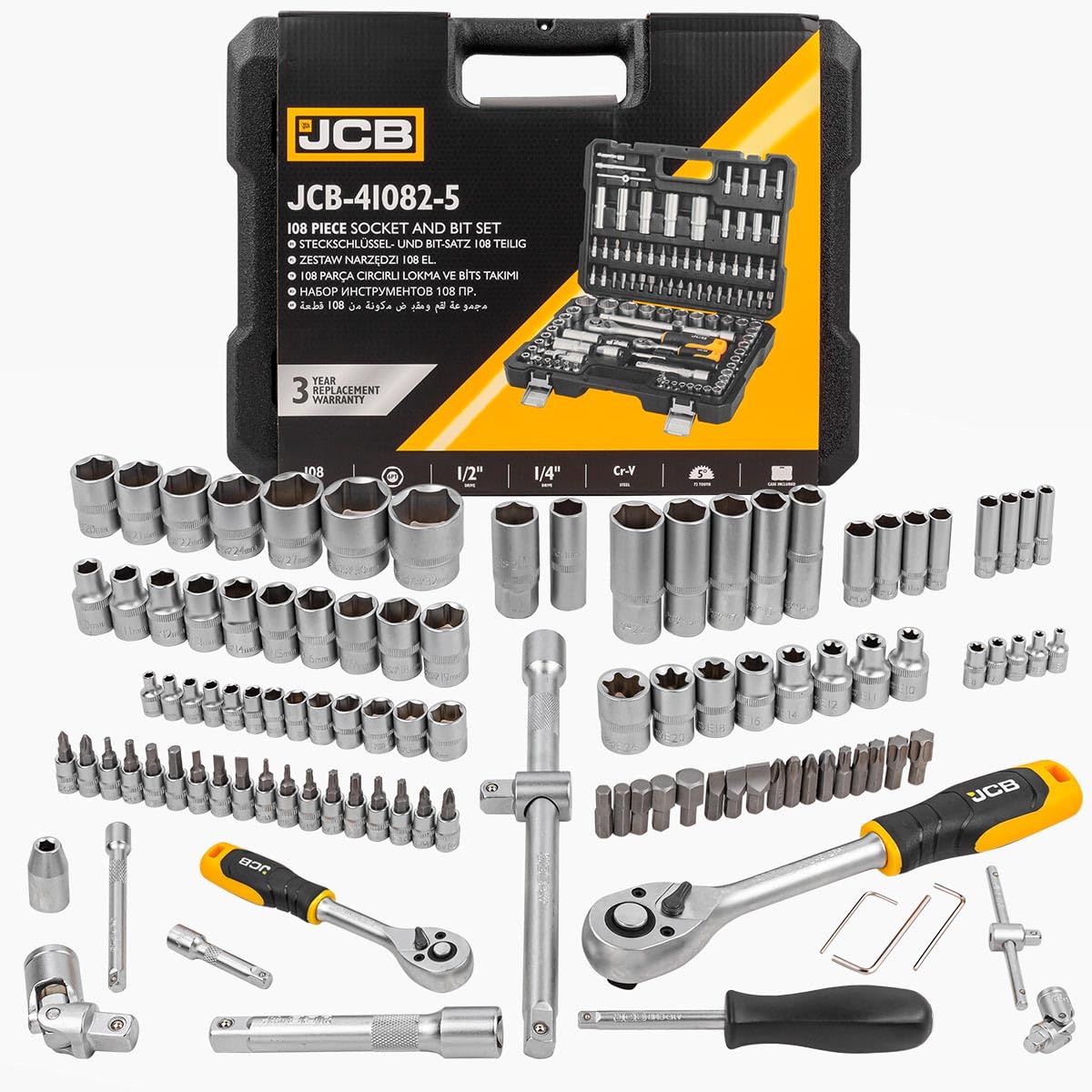 JCB 108 Piece Automotive Socket and Bit Set, Chrome Vanadium Steel, Variety pack - Image 2