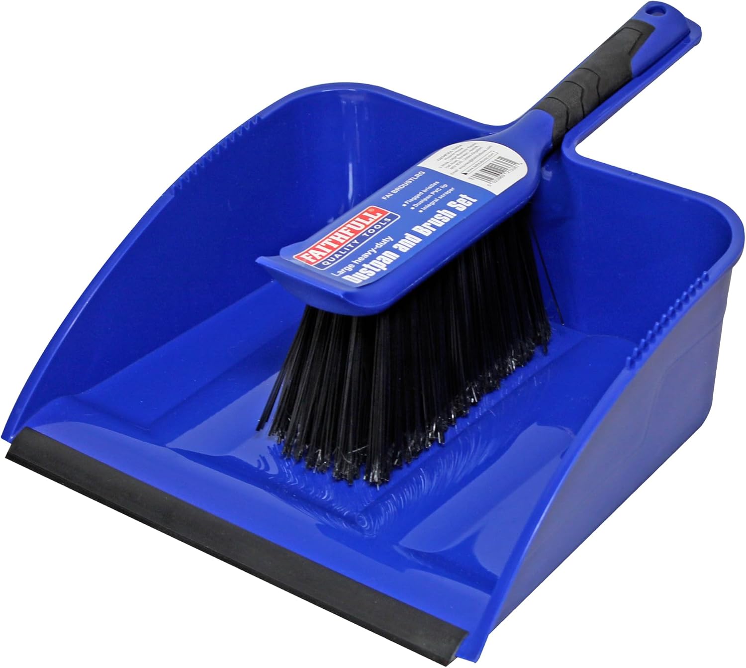 Faithfull FAIBRDUSTLRG Large Heavy-Duty Plastic Dustpan and Brush Set, PVC Lip, Flagged Bristle Brush with Built-in Scraper for Easy Cleaning & Sweeping
