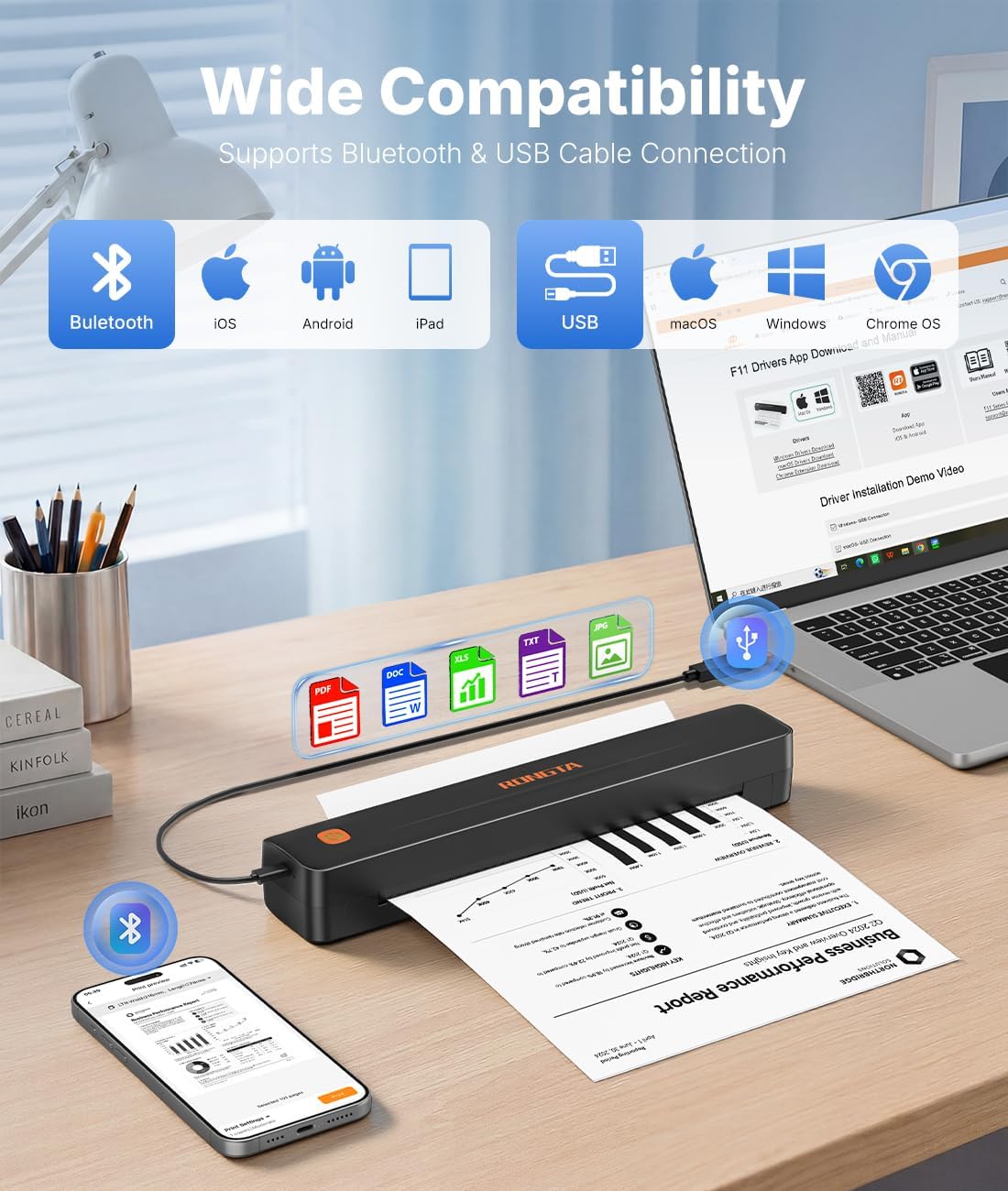 Rongta Thermal Portable Printers Wireless for Travel, Bluetooth Mobile Printer, Inkless Printer for School/Office/Home Use, Compatible with Android,iOS & Laptop(Black)