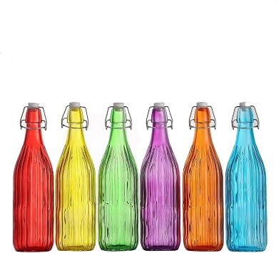 simpa Vintage Style Mix Colour Glass Bottles with Swing Top Lids. Embossed Vertical Stripes 1L Bottles - Set of 6