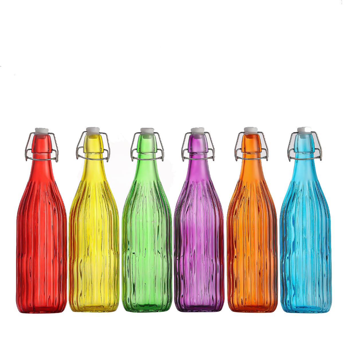 simpa Vintage Style Mix Colour Glass Bottles with Swing Top Lids. Embossed Vertical Stripes 1L Bottles - Set of 6
