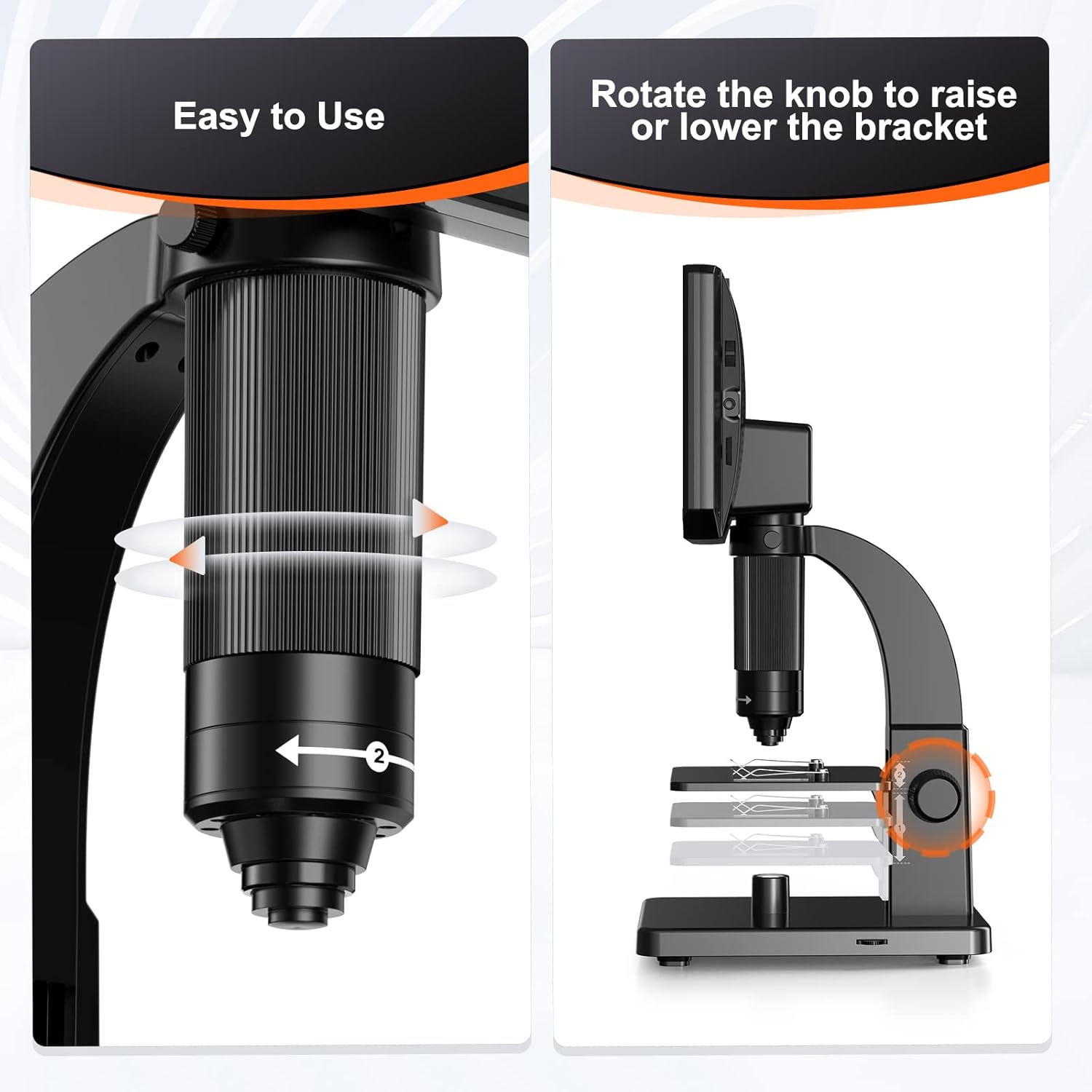 Diagram showing how to adjust the microscope bracket height for focusing