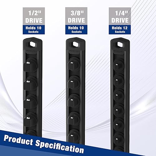 Miniatura 8 de WORKPRO Organizador Magnético de Dados, Riel de Dados de Aleación de Aluminio de 1/2 Pulgada, Soporte de Dados Resistente, Kit de Estante de Dados