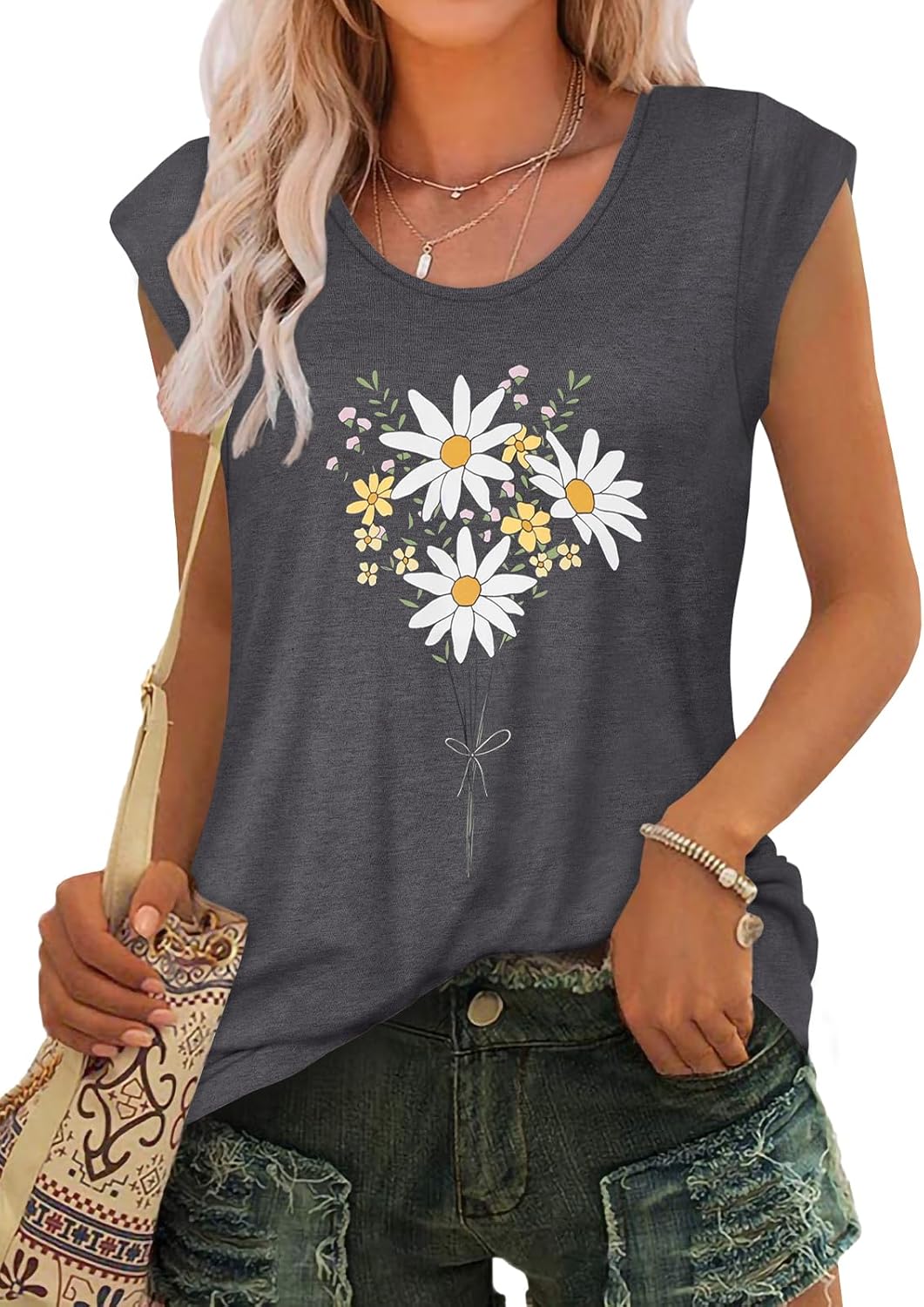 JOELLYUS Womens Summer Tops Casual Loose Cap Sleeve T Shirts Basic Dressy Tees Blouses