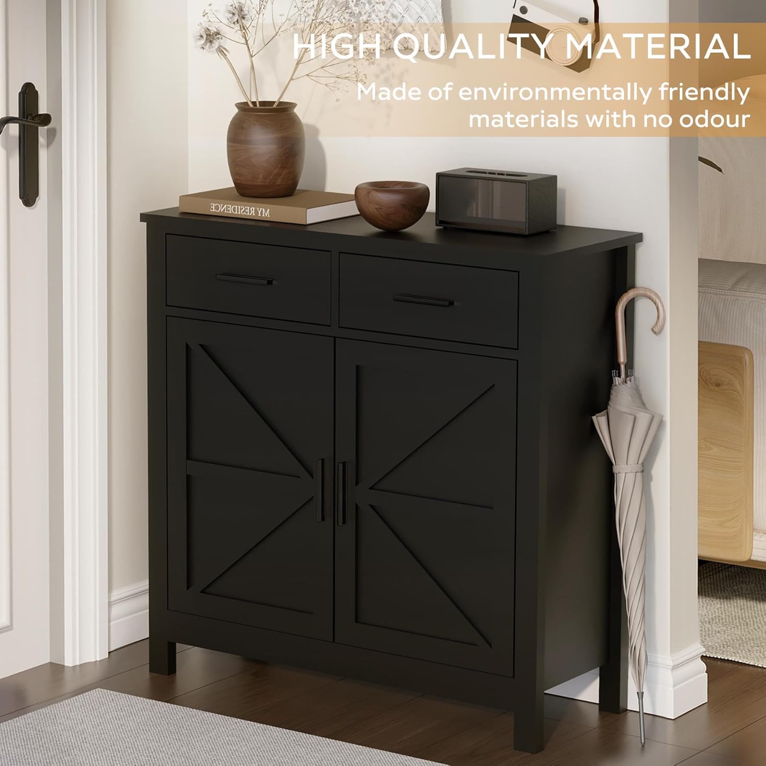 Modern Farmhouse Buffet Cabinet with Storage, Coffee Bar Cabinet with 2 Drawers and Doors, Kitchen Storage for Dining Room, Entryway, Living Room, Hallway (Black)