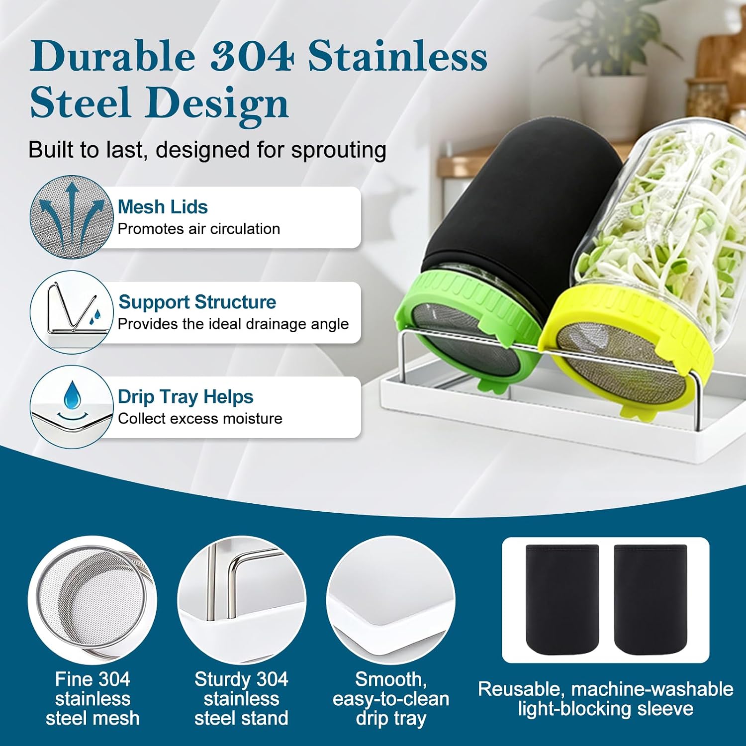 Seed Sprouting Kit, 2 Wide Mouth Mason Jars with Sprout Lids, Green Onion Regrower, Stainless Steel Stand, Drain Tray, Blackout Sleeves & Cleaning Brush, Sprouting Jar Kit for Bean, Broccoli, Alfalfa