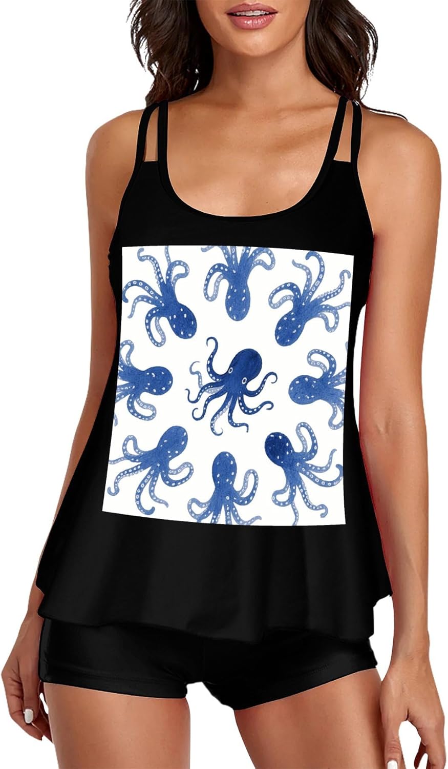 Blue Octopus Tankini Swimsuits for Women Tummy Control Two Piece Bathing Suits Swim Tops with Boy Shorts