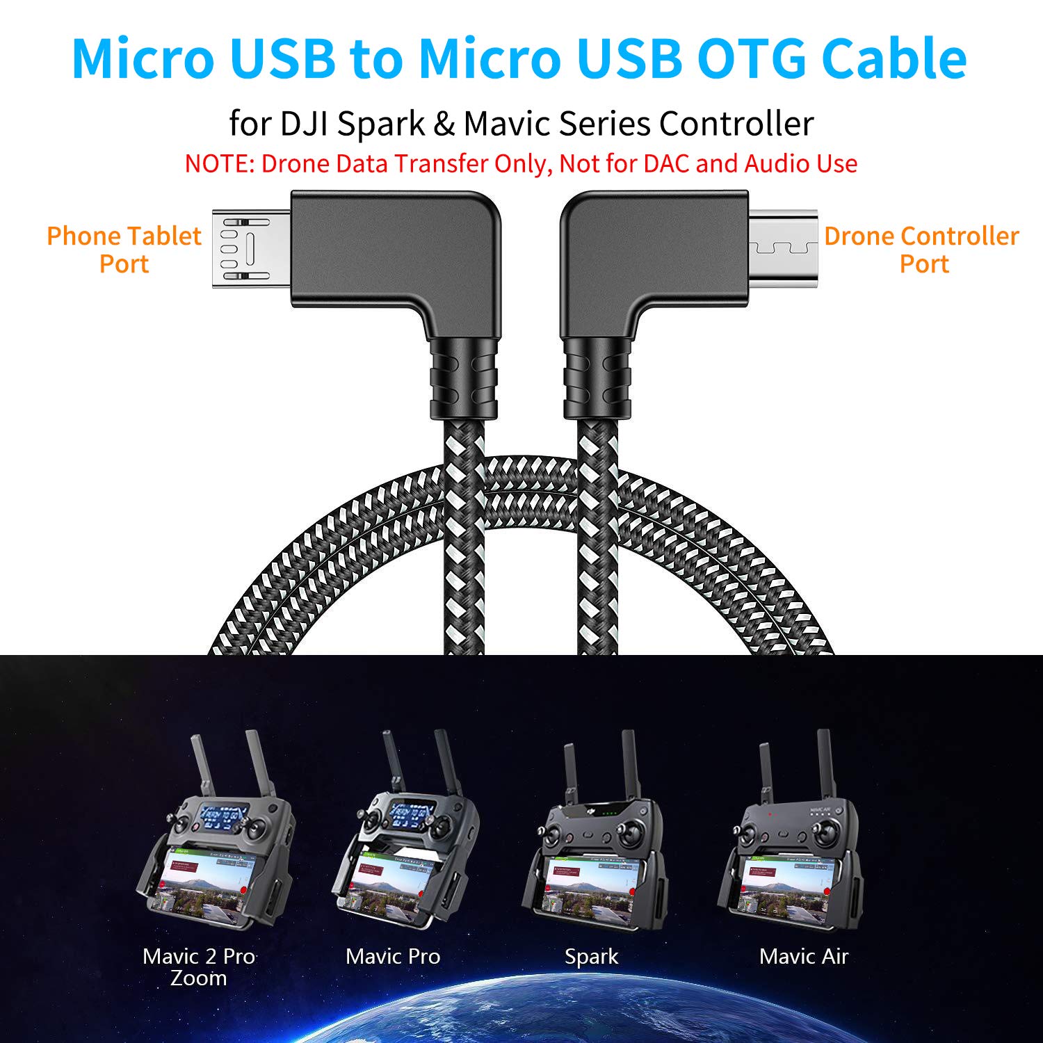 1FT 90 Degree Micro USB to Micro USB Android Phone Tablet OTG Data Cable Right Angle Connector Wire Cord for DJI Spark, Mavic Pro, Platinum, Air, 2 Pro, Zoom Remote Controller Accessories (2 Pack)