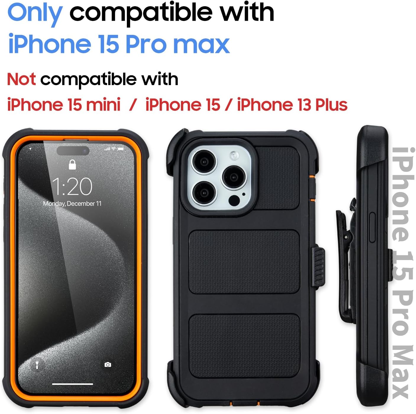 Defender for iPhone 15 Pro Max Case with Clip Holster,Heavy Duty Rugged Full-Body,2 Layers of Sturdy,Anti-Drop,Military-Grade Defender Cover for iPhone 15 Pro Max Phone Case (Black & Orange)