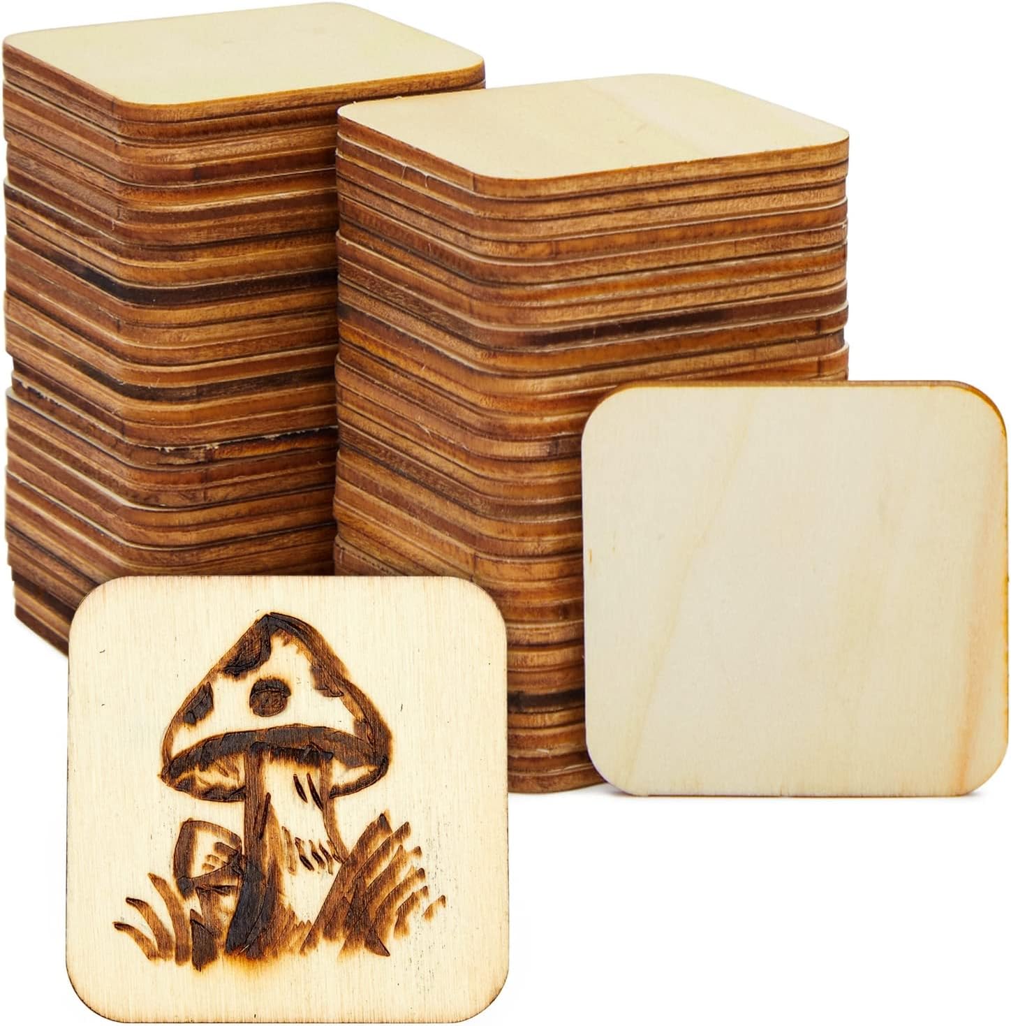 60 Pack 2x2 Wood Squares for Crafts, 2.5mm Unfinished Wood Cutouts with Rounded Corners