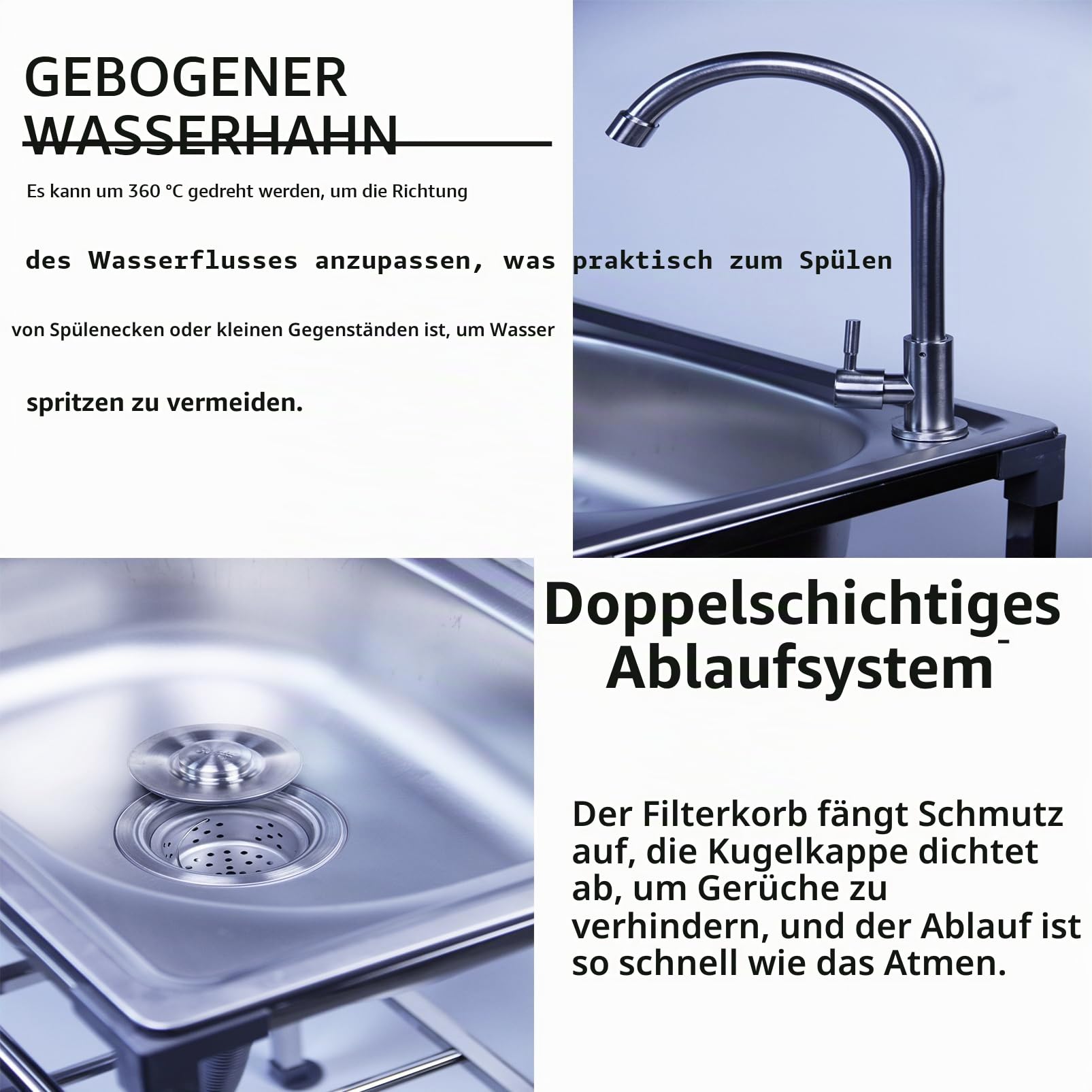 Edelstahlspüle mit Einzelnen Kaltwasserhahn, Freistehende Küchenspüle mit Ablaufgarnitur und Handtuchhalter, Geeignet für Restaurant, Garage, Camping, Garten, Balkon