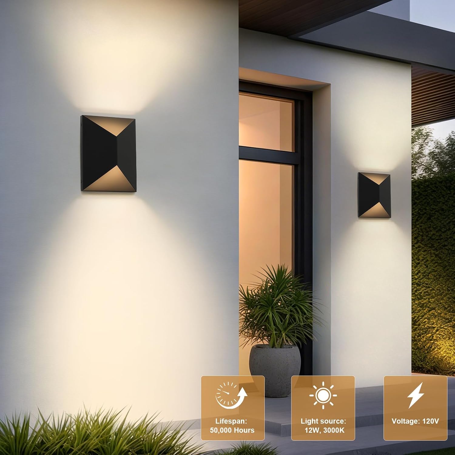 Fire Wolf 2 Pack LED Aluminum Porch Sconce Lights - Modern Exterior Wall Sconce, Up and Down Light Waterproof, 12W, 3000K, Black for Garage Enterway image 2