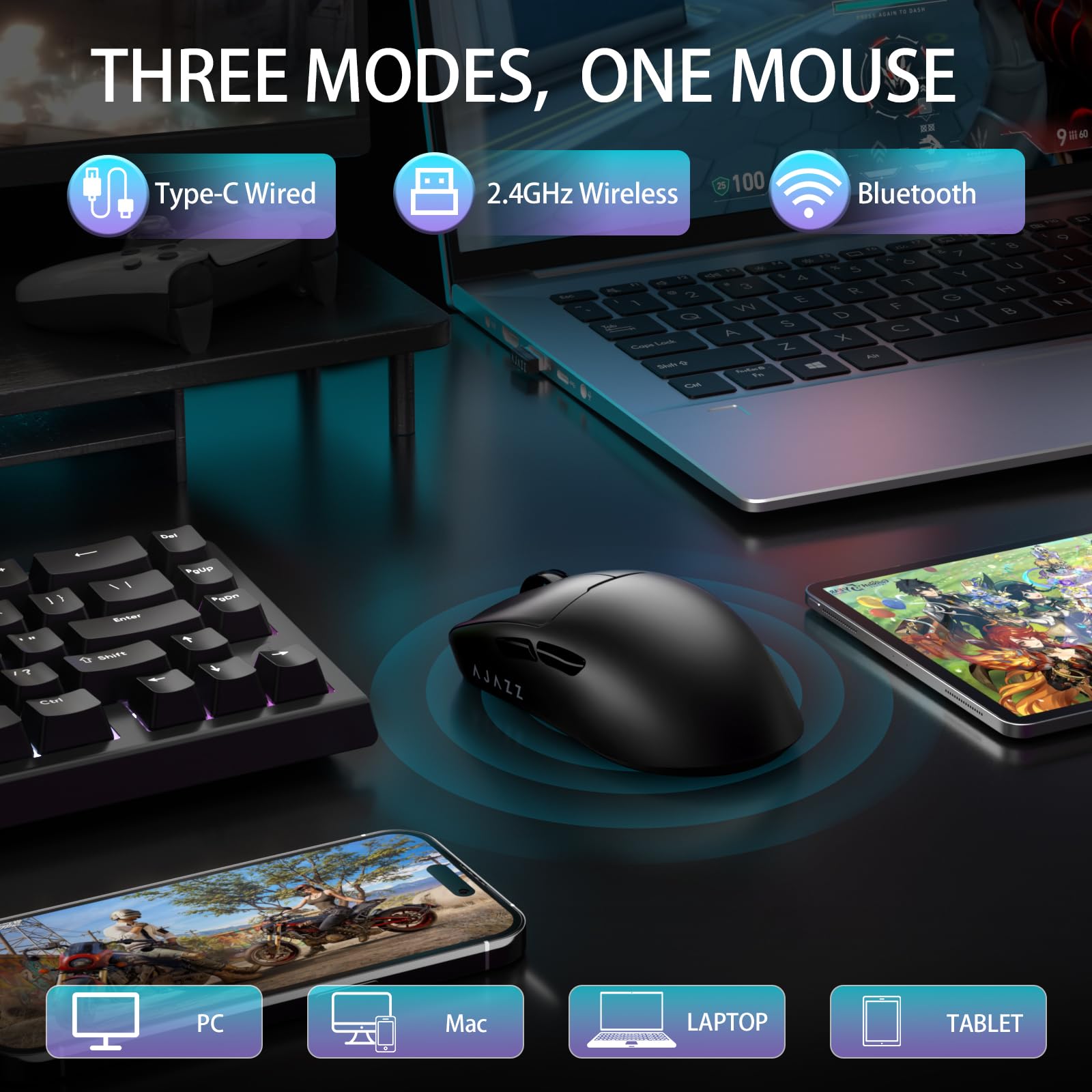 A.JAZZ AJ159V2MC Mouse Gaming Wireless,Tri-Mode BT/2.4G/Cablato Type-C, Sensore Ottico PixArt 3311 con 24K DPI, 54g SUPERLIGHT, Mouse per Computer con Batteria Sostituibile, per PC/Mac/Laptop - Nero