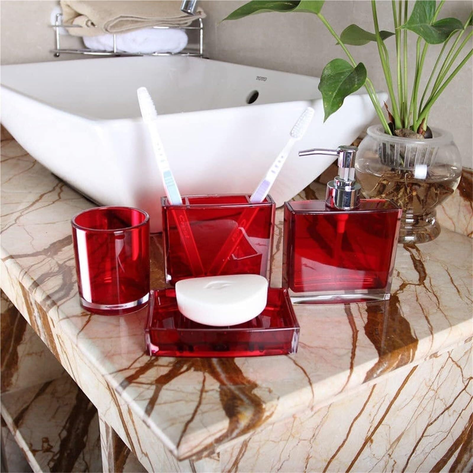 Set di accessori per il bagno Acrilico con dispenser di sapone, porta spazzolino, bicchiere, decorazione costiera (viola) Arredamento per gli affittuari(Red-5)