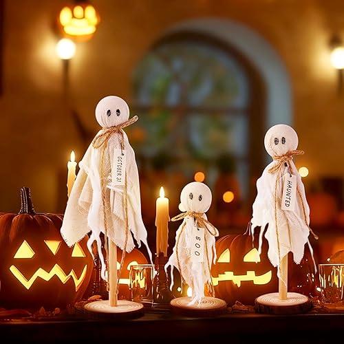 Decoraciones de Halloween para interiores  Juego de 3 fantasmas primitivos de Halloween en soporte de madera para centros de mesa, estantes y