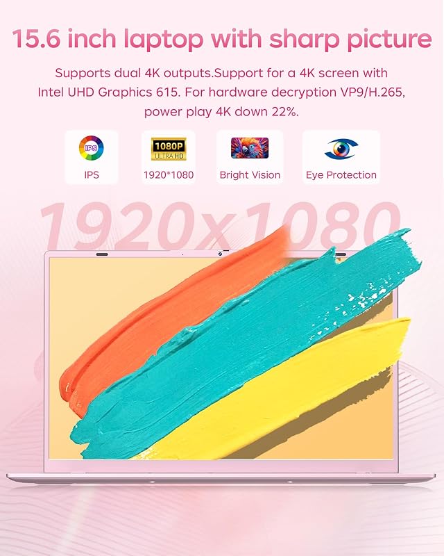 RNRUO 2026 Pink Laptop, Pentium Gold 6500Y Processor(Up to 3.4 GHz),12GB RAM 128GB SSD,15.6 Inch FHD IPS Display, 5000mAh Battery,Type-C,Portable Laptops Computer for Business Office image 2