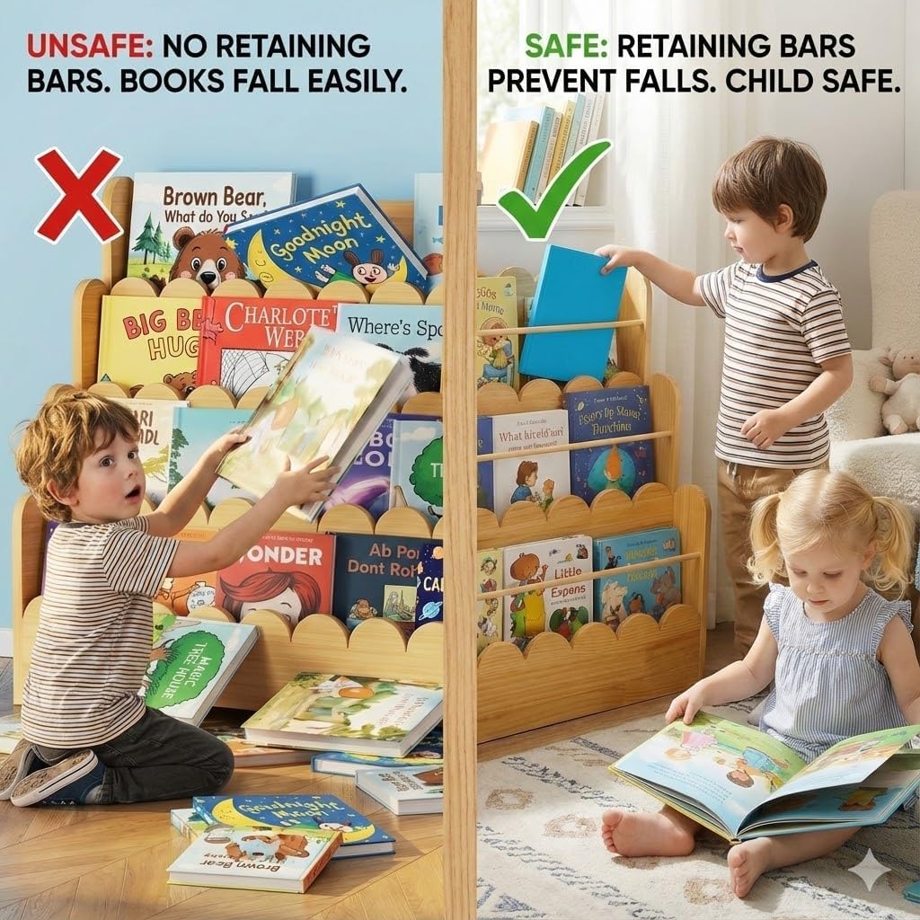 Scalloped Design | 3-Tier Montessori Solid Wood Kids Bookcase | 29.6" Wide Toddler Storage Shelf | Easy Access Floor Display Furniture for Playroom/Nursery - Image 4