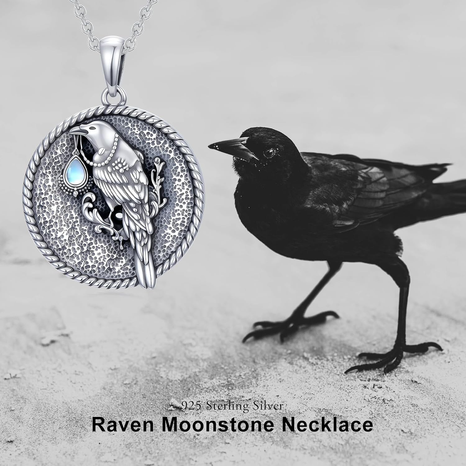 PELOVNY 925 Sterling Silver Raven Moonstone Necklace for Women Crow Pendant Jewelry Gifts - Image 6