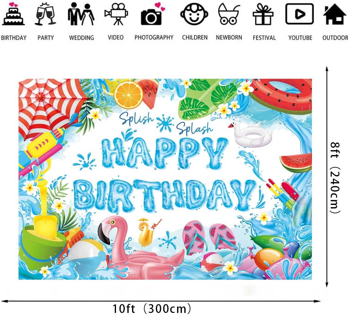 Pool Party Happy Birthday Banner Backdrop 10x8FT Splish Splash Summer Birthday Party Decorations Background Tropical Swimming Hawaiian Theme Party Decor Supplies