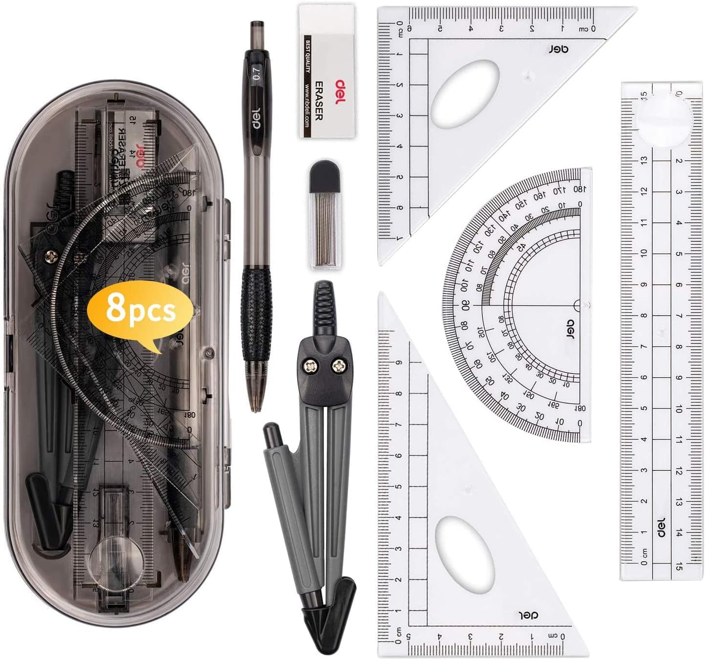 Qiven Geometry Compass Sets Exam Stationery Pencil Case - Math Kit Educational Supplies Drawing Compass and Protractor Set, Pencil Lead Refills, Pencil, Eraser, Rulers for School，8 Pcs Maths Set