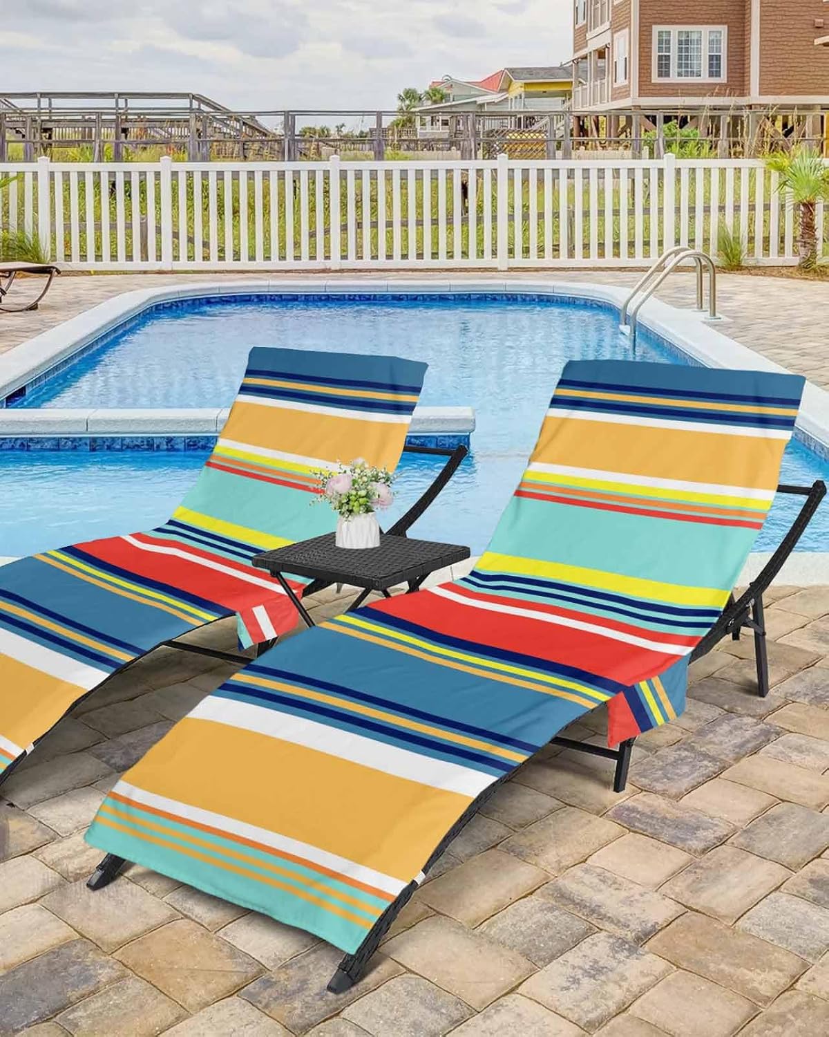 Rainbow Striped Beach Pool Patio Lounge Chaise Chair Cover Towel With Pockets,Absorbent & Quick Dry Microfiber Towel Cover Bag Summer Accessories for Sunbathing Colorful Abstract Bohemian Geometric