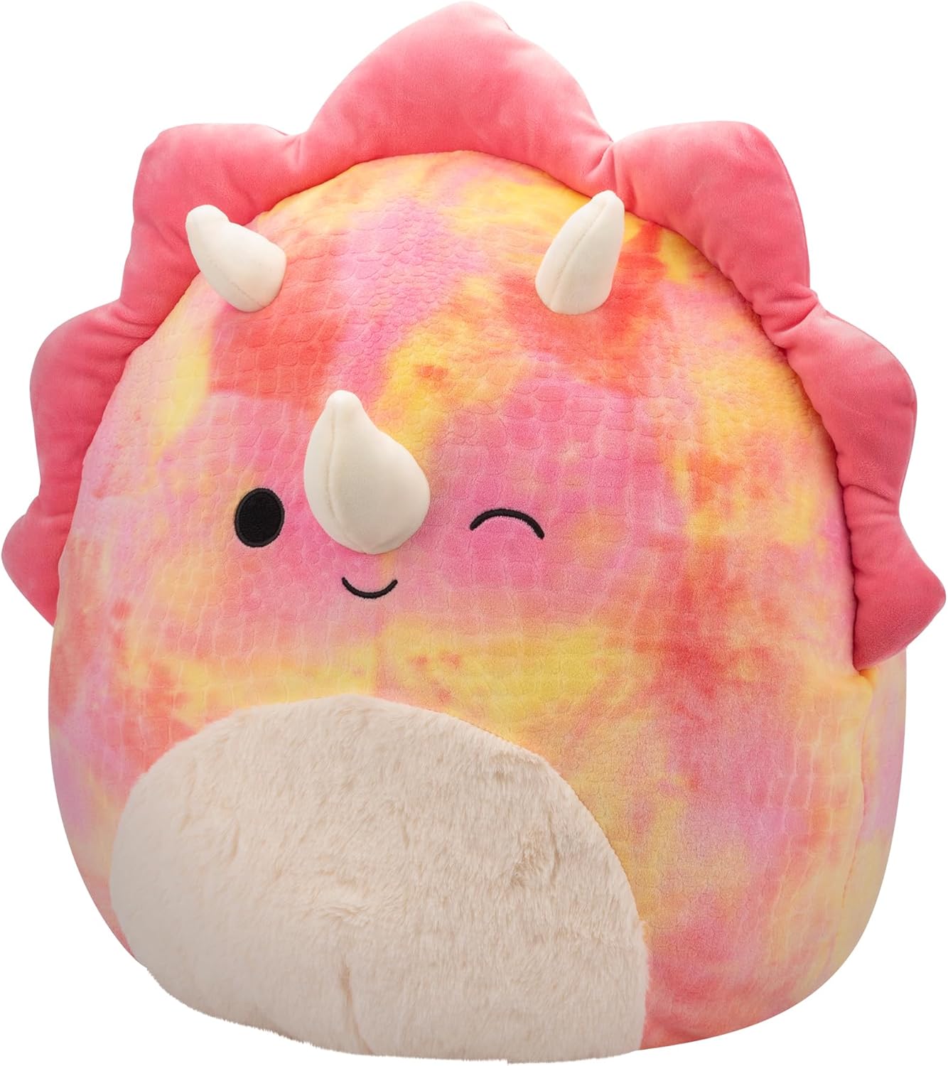 Squishmallows SQCR05478 16-Inch-Trinity The Winking Pink Tie-Dye Triceratops with Fuzzy Belly, Multicolour