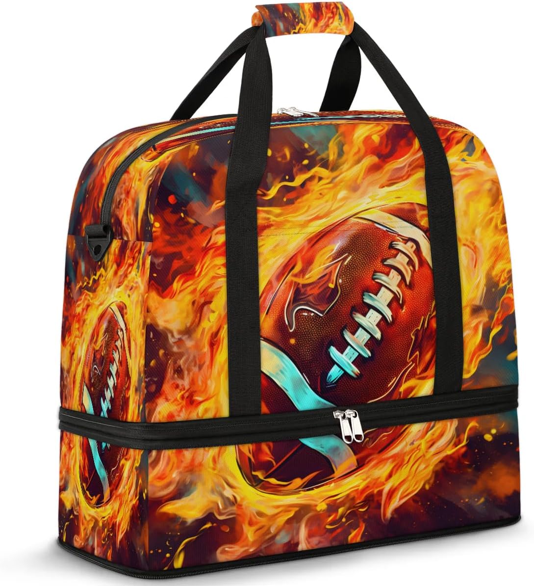 Sports Duffel Bag, Foldable Fire Rugby Travel Duffel Bag, Gym Yoga Beach Bag Weekender Overnight Bag with Shoes Compartment for Men Women, Football Sport
