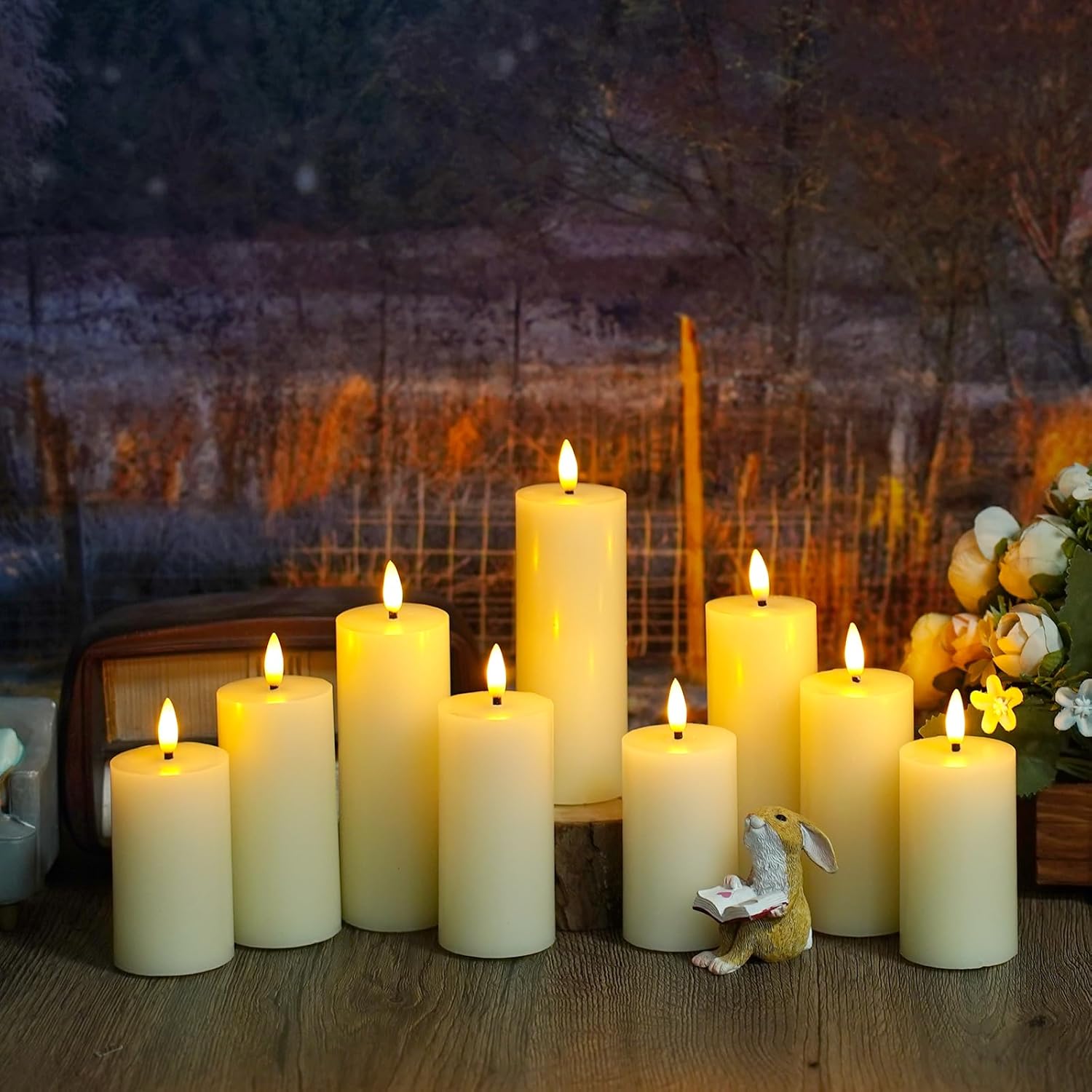 Flameless Candles Real Wax Realistic Pillar Candles, 9 Packs Battery Operated LED Candles with Remote Timer, Ideal for Halloween Home Decor Ivory（D 1.6"*H 4" 4.5" 5.5" ）